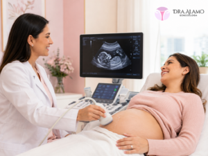 Especialista realizando una ecografía de embarazo en Lima durante un control prenatal en una clínica ginecológica.