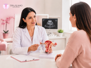 Ginecóloga explicando el tratamiento de prolapso genital en Lima durante una consulta especializada