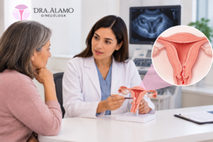 Sangrado después de la menopausia con evaluación ginecológica e ilustración del útero – Dra. Álamo
