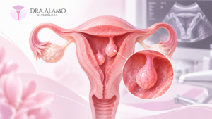 Pólipos endometriales con ilustración anatómica del útero y pólipos dentro de la cavidad uterina – Dra. Álamo